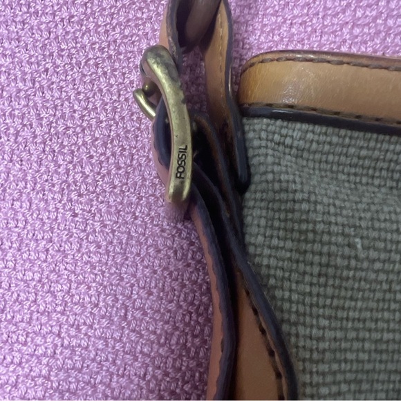 FOSSIL MADDOX Leather Khaki Canvas Bucket Crossbody Shoulder Bag Traveler - Picture 10 of 15